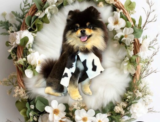 A cute Pomeranian on a flower bed. Pet Pro Search helps you find gentle groomers and pet salons in your location.
