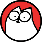Cartoon cat face with big eyes in a red circle.