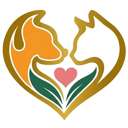 Heart-shaped logo with dog, cat, and leaves